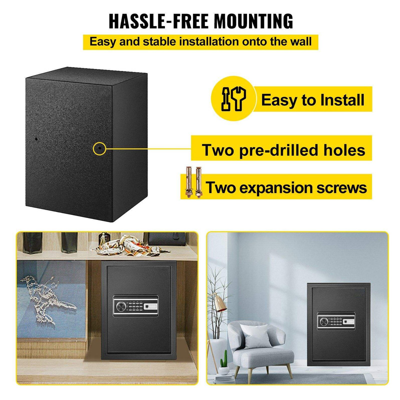 The safe placed in a common home office or closet setting, suggesting its discreet use for secure, everyday storage of documents and small electronics.