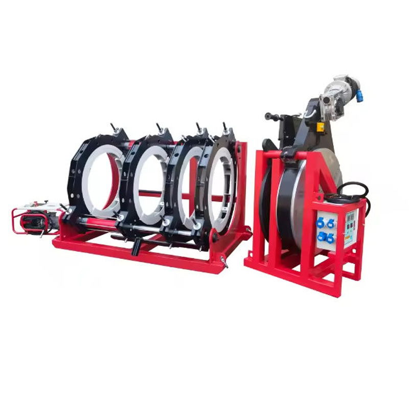 Full view of the semi-automatic hydraulic butt welding machine, clearly showing the main frame, heating plate, and hydraulic control unit.