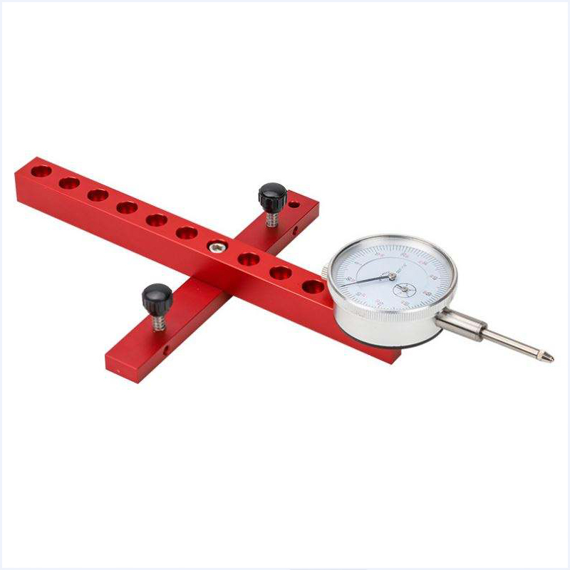 a dial indicator alignment calibration tool designed for woodworking table saws and similar machinery.