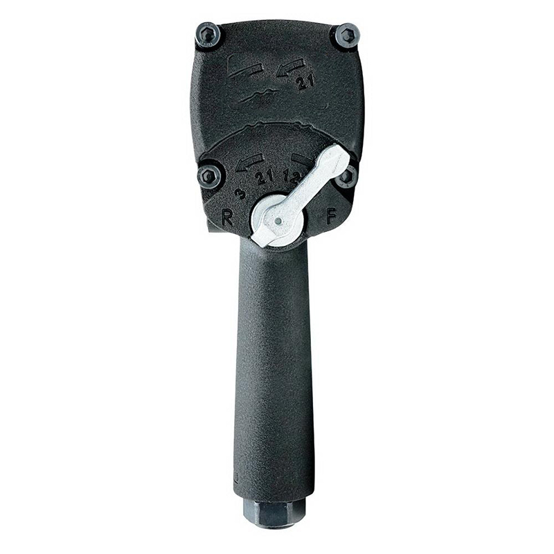 It features a compact black pistol-grip design with a metal drive head and a directional lever
