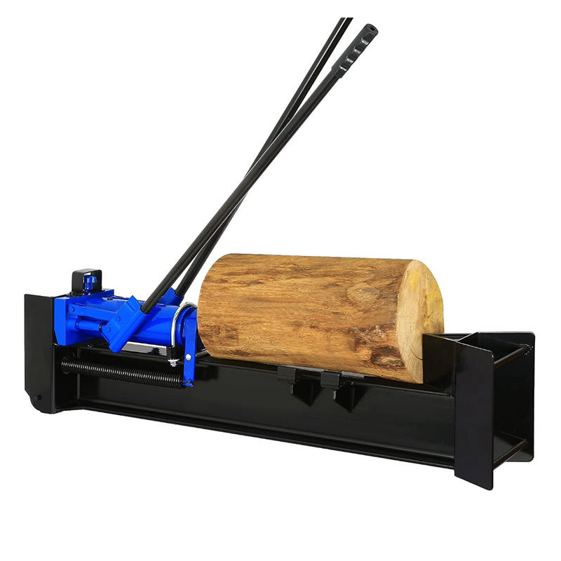The wood is placed on the wood splitter as seen from the side.