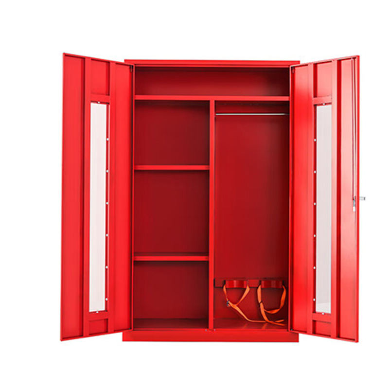 Steel safety storage cabinet glass door open shot.