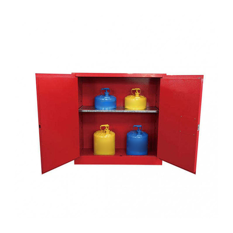 Visible lock flammable cabinet door open shot.