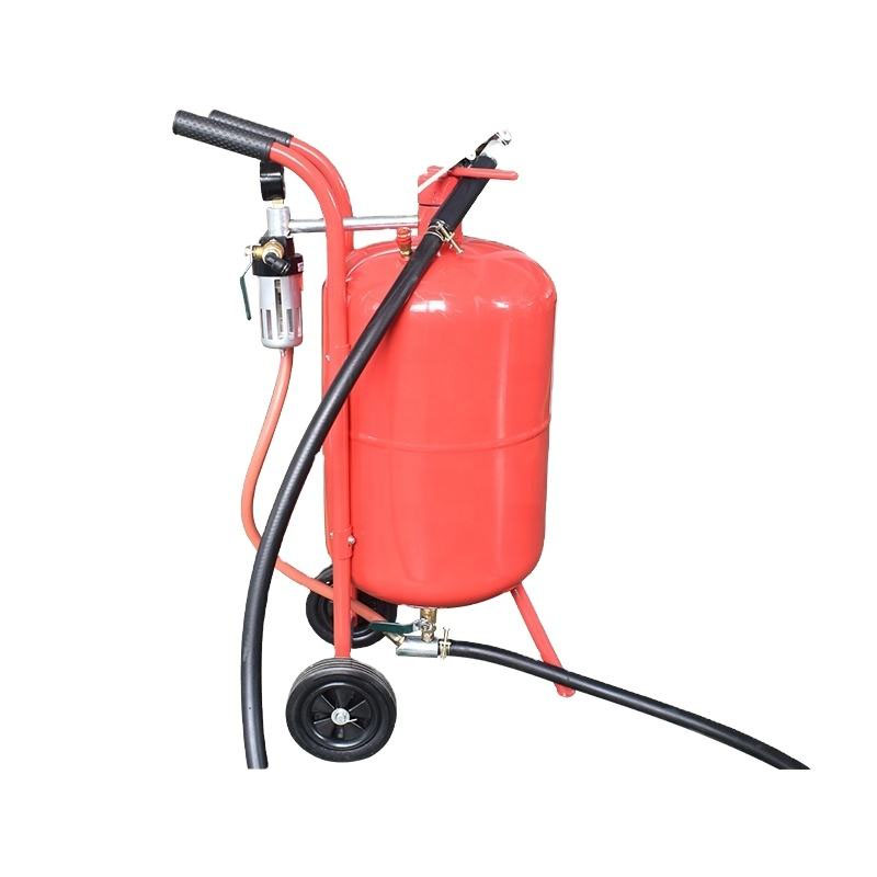Portable sandblaster pot for on-site rust removal and surface prep.