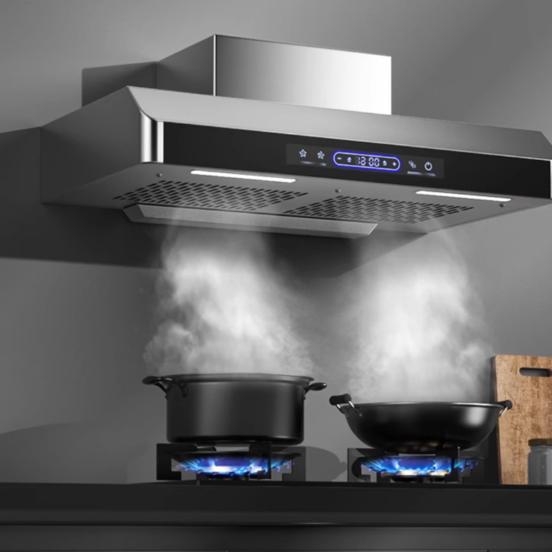 The ultra-thin top suction range hood features hand-wave sensing.