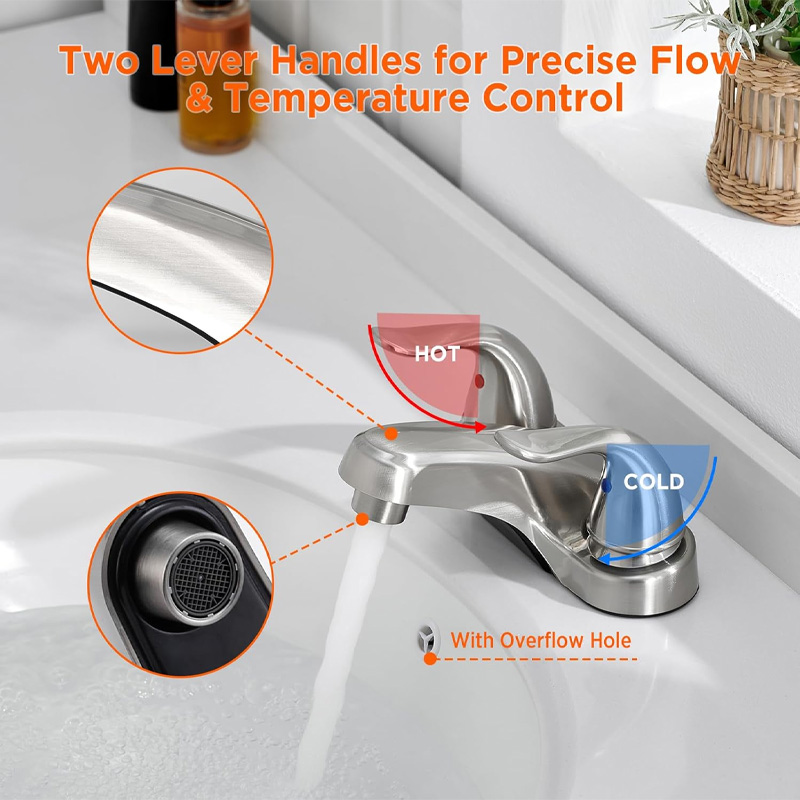 This brushed nickel double-handle faucet is designed for 2-hole or 3-hole installation.