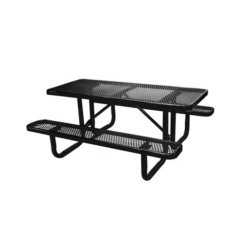 This metal commercial picnic table comes with integrated benches.