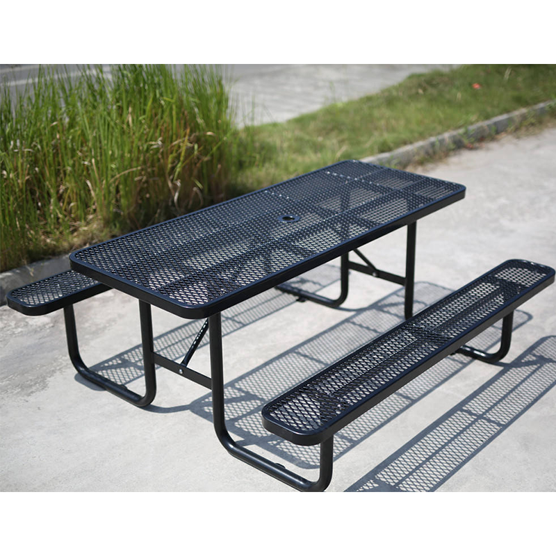 This metal commercial picnic table can accommodate multiple people at the same time.