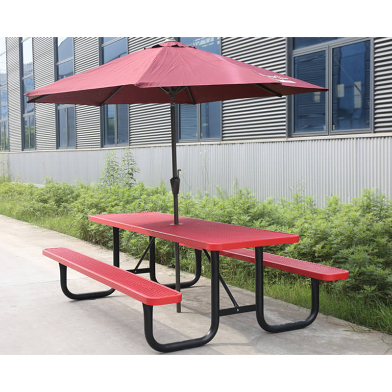 This metal commercial picnic table has a sturdy structure.