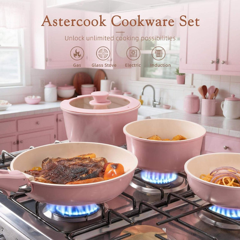 Pink ceramic granite cookware set with detachable handles