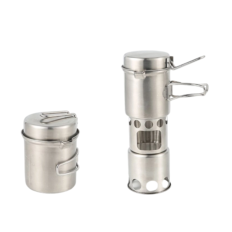 This outdoor stove and pot cooking set is made of stainless steel.