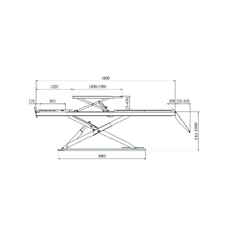The full-rise scissor lift uses a design with 4 synchronized cylinders.