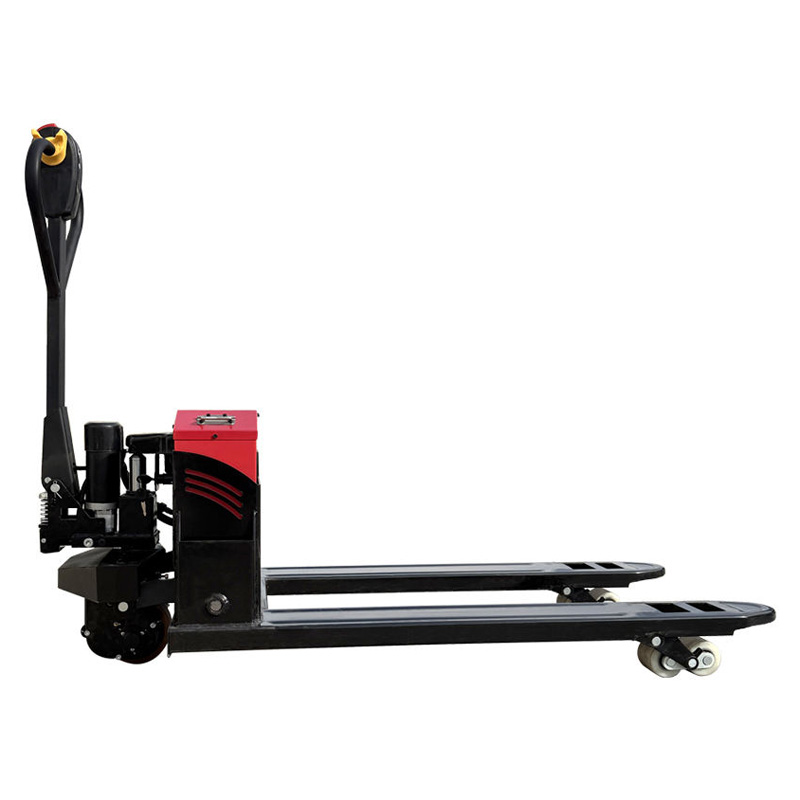 Lead-acid battery powered factory pallet jack view.