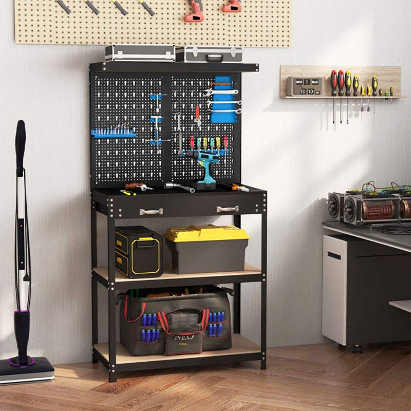 Workbench with pegboard for versatile tool storage and organization