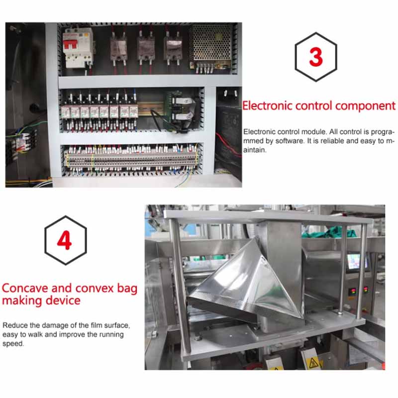 Automatic bag forming, filling, and sealing in operation.