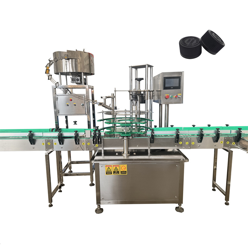 17 pcs/min stainless steel capping machine on factory floor, liquid bottles processing
