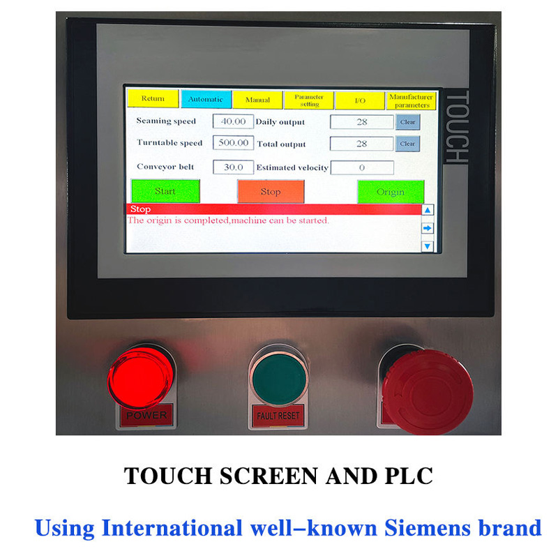 Close-up of touchscreen control panel with PLC settings.