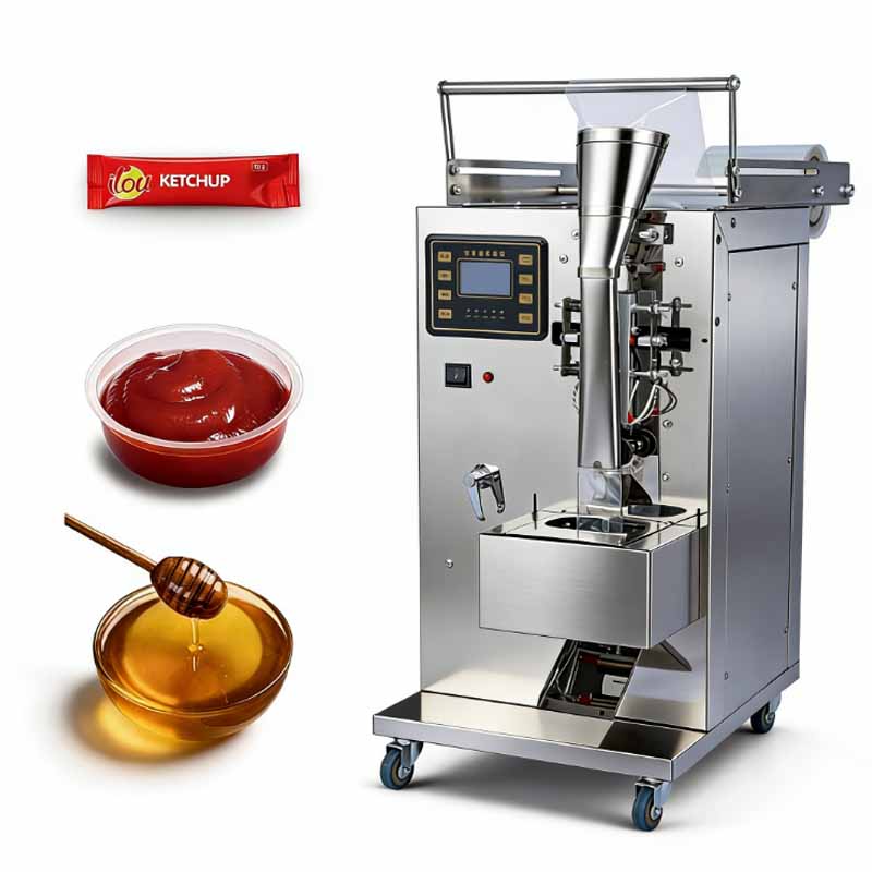 Front view of vertical sachet machine with stainless steel body