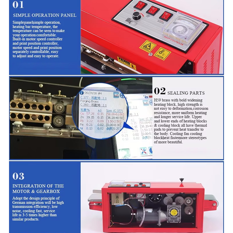 Detailed features of the automatic continuous sealing machine.