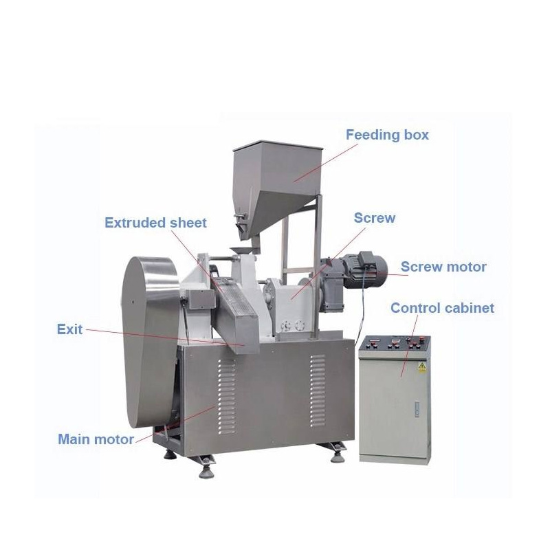 Industrial extruder for corn curl snack making.