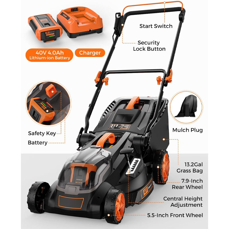 40 V cordless lawn mower with 2-in-1 mulching bagging