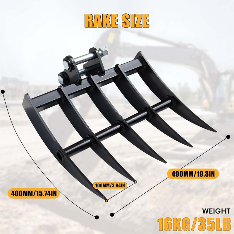 Steel mini excavator rake attachment for debris removal