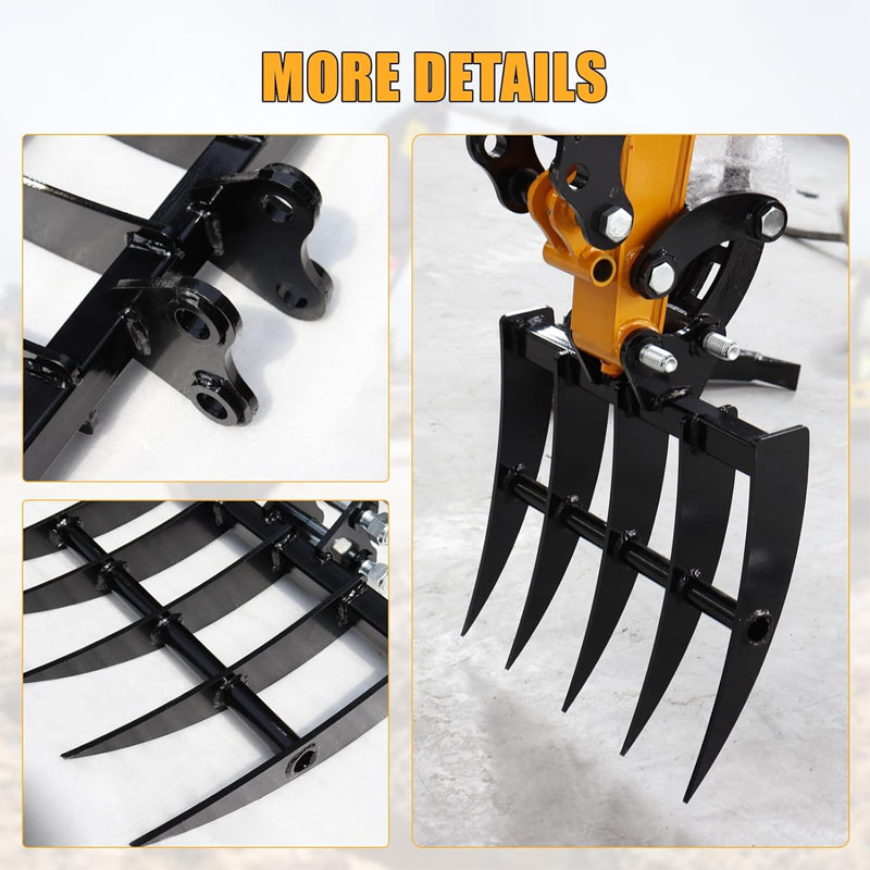 Wide mini excavator rake for soil spreading work