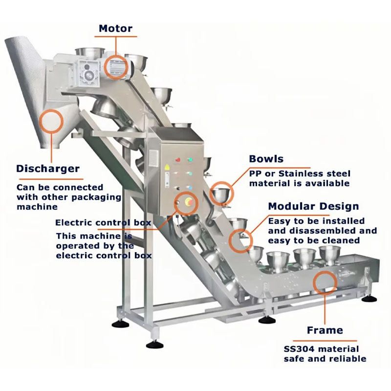 Stainless steel cup elevator for dry fruit handling